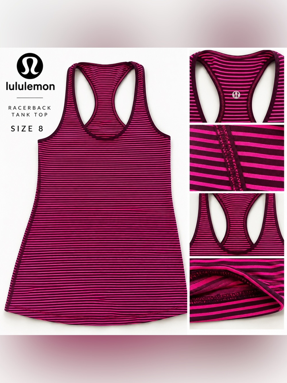 Lululemon Pink & Burgundy Striped Racerback Tank Top Size 8